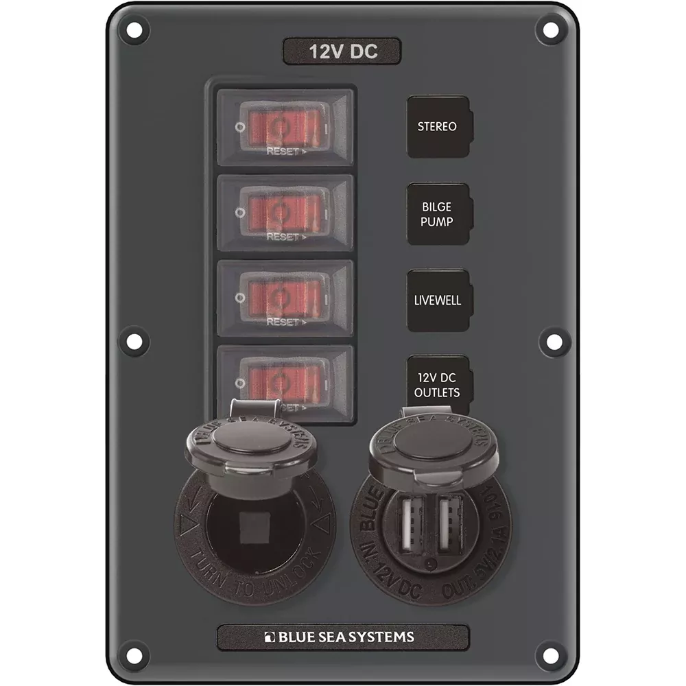 blue-sea-4321-circuit-breaker-switch-panel-4-position-gray-w-12v-socket-amp-dual Blue Sea 4321 Circuit Breaker Switch Panel 4 Position - Gray w/12V Socket & Dual USB