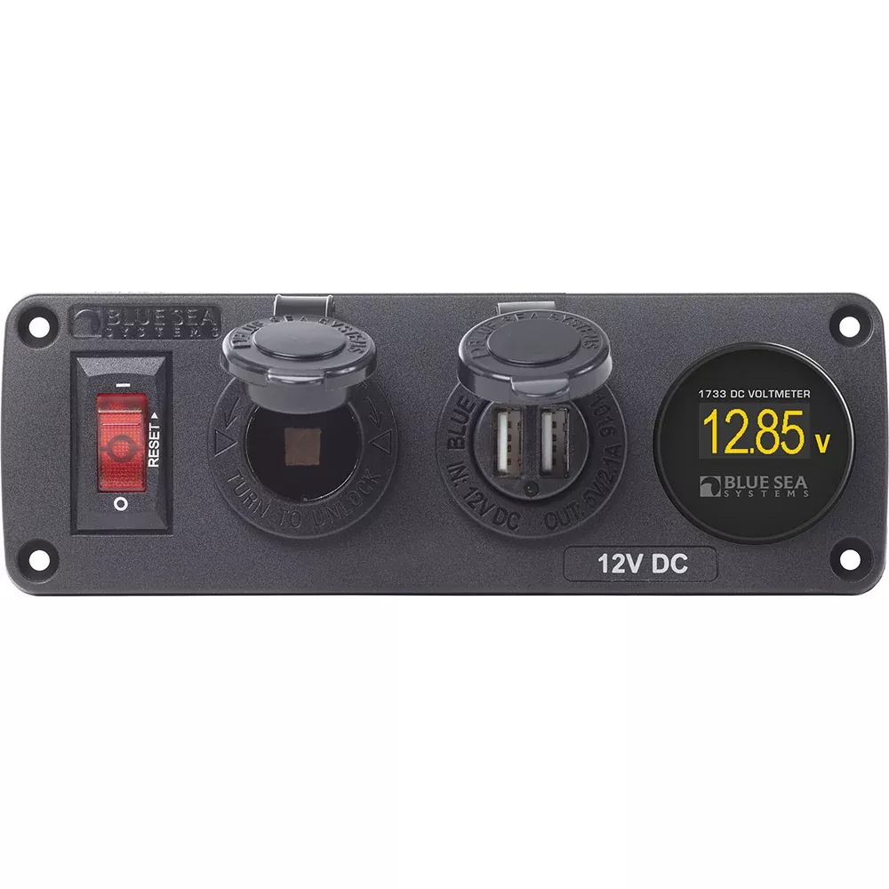 Blue Sea 4356 BelowDeck Panel - 15A Circuit Breaker, 12V Socket, 2.1A Dual USB Charger, Mini Voltmeter