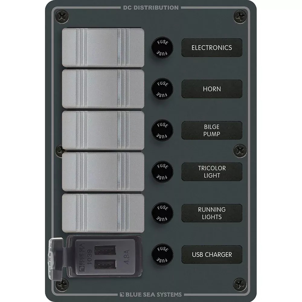 blue-sea-8121-5-position-contura-switch-panel-w-dual-usb-chargers-12-24v-dc-blac Blue Sea 8121 - 5 Position Contura Switch Panel w/Dual USB Chargers - 12/24V DC - Black