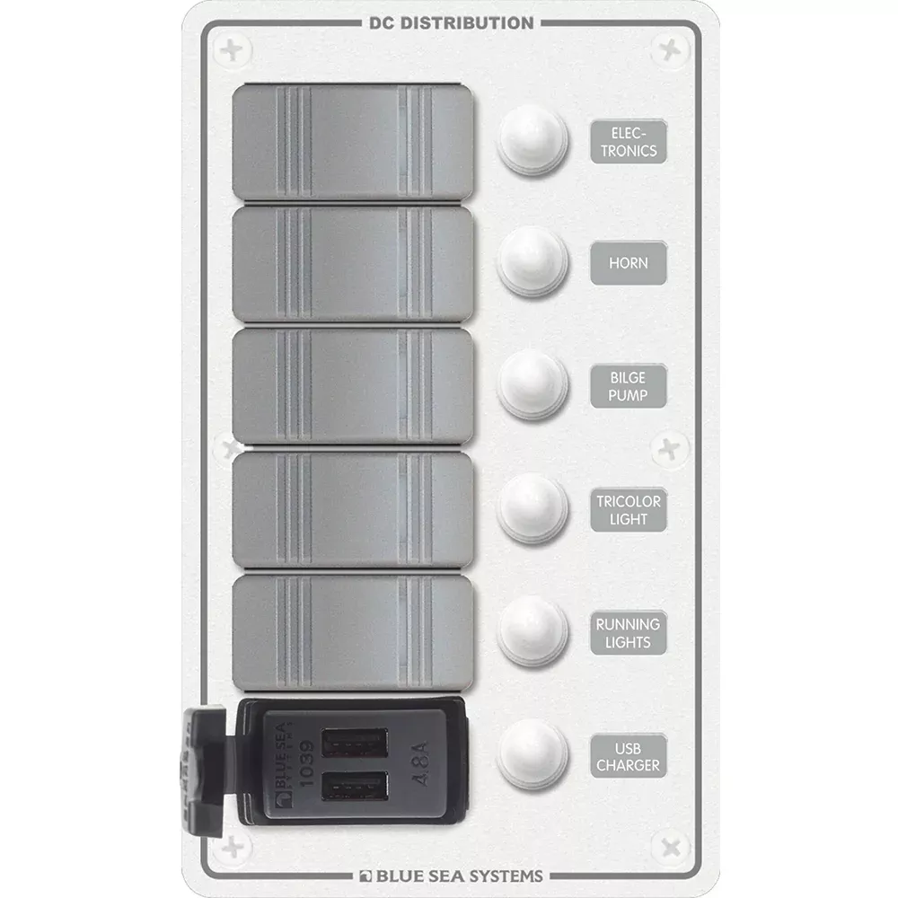 blue-sea-8421-5-position-contura-switch-panel-w-dual-usb-chargers-12-24v-dc-whit Blue Sea 8421 - 5 Position Contura Switch Panel w/Dual USB Chargers - 12/24V DC - White