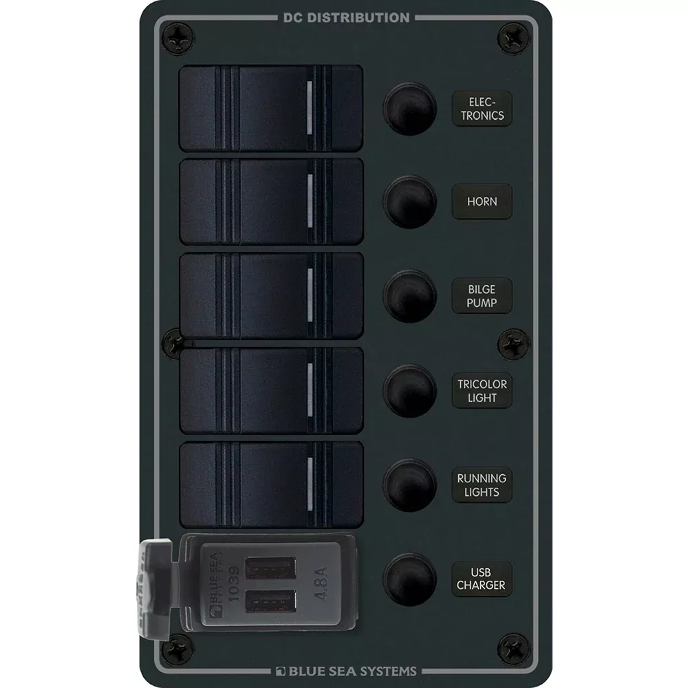 blue-sea-8521-5-position-contura-switch-panel-w-dual-usb-chargers-12-24v-dc-blac Blue Sea 8521 - 5 Position Contura Switch Panel w/Dual USB Chargers - 12/24V DC - Black