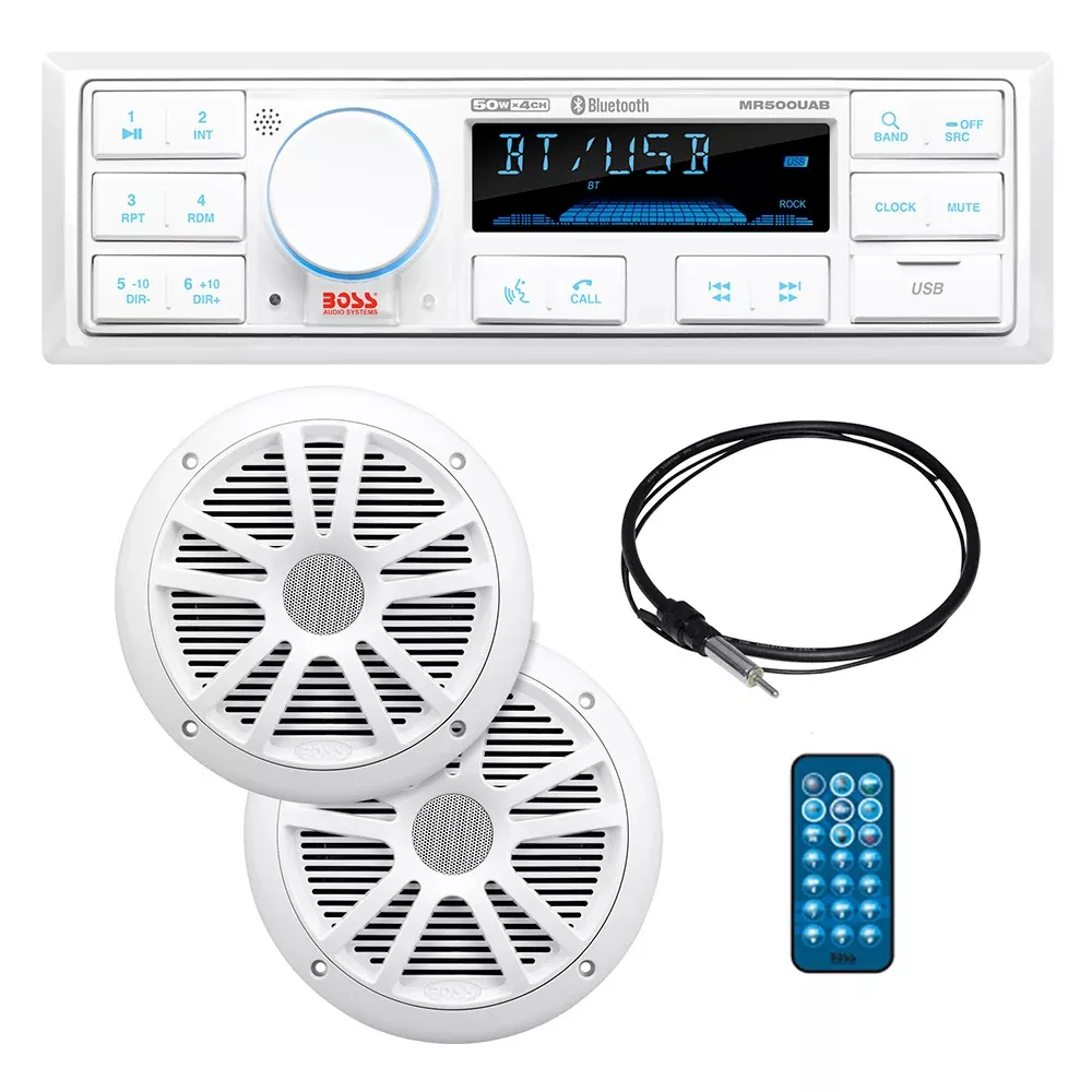 boss-audio-mck500wb-6-kit-w-mr500uab-2-mr6w-speakers-mrant10-antenna-amp-white-r Boss Audio MCK500WB.6 Kit w/MR500UAB, 2 MR6W Speakers, MRANT10 Antenna, & White Remote